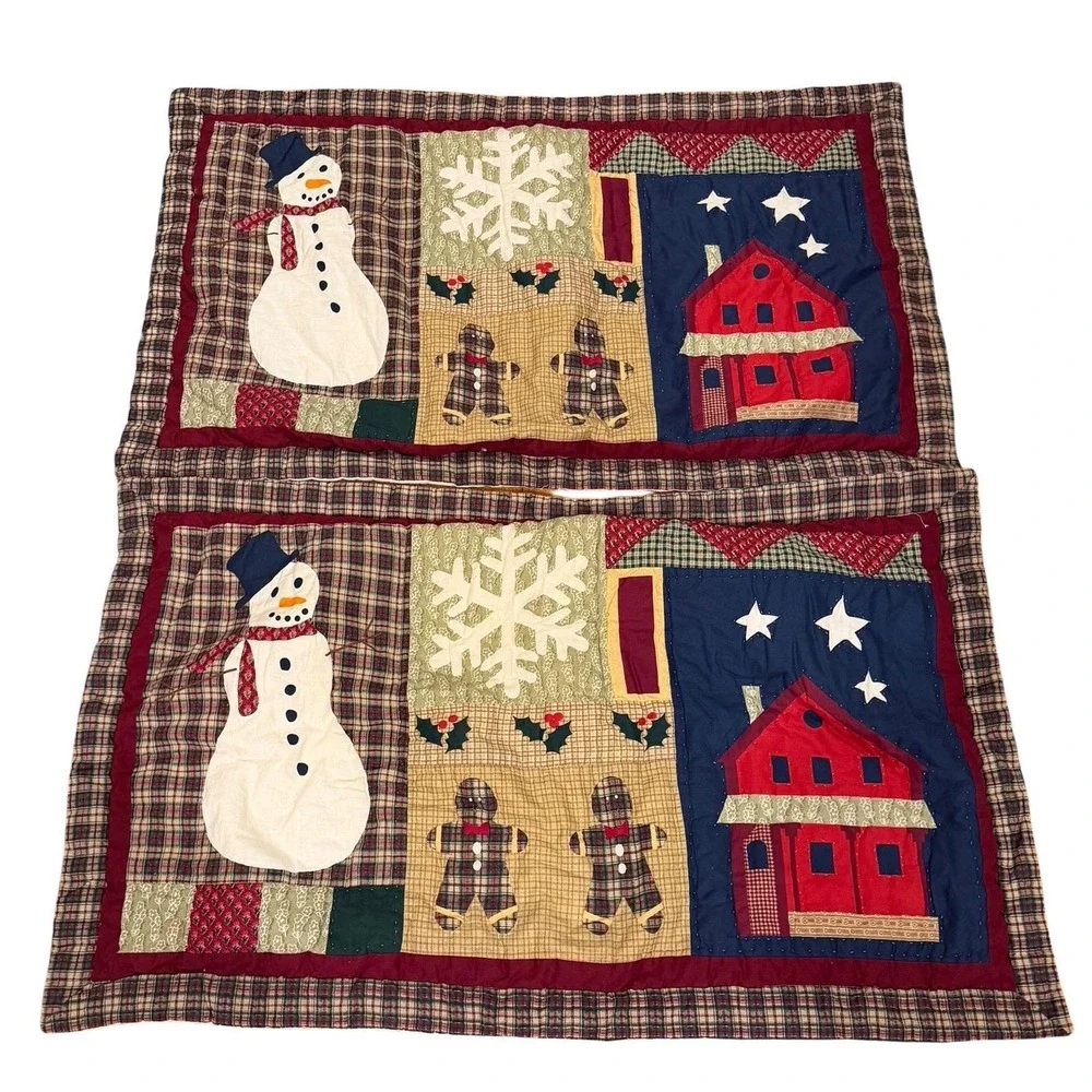 Vtg Set 2 Quilted Christmas‎ king sized Pillow Sham Snowmen Gingerbread Holiday